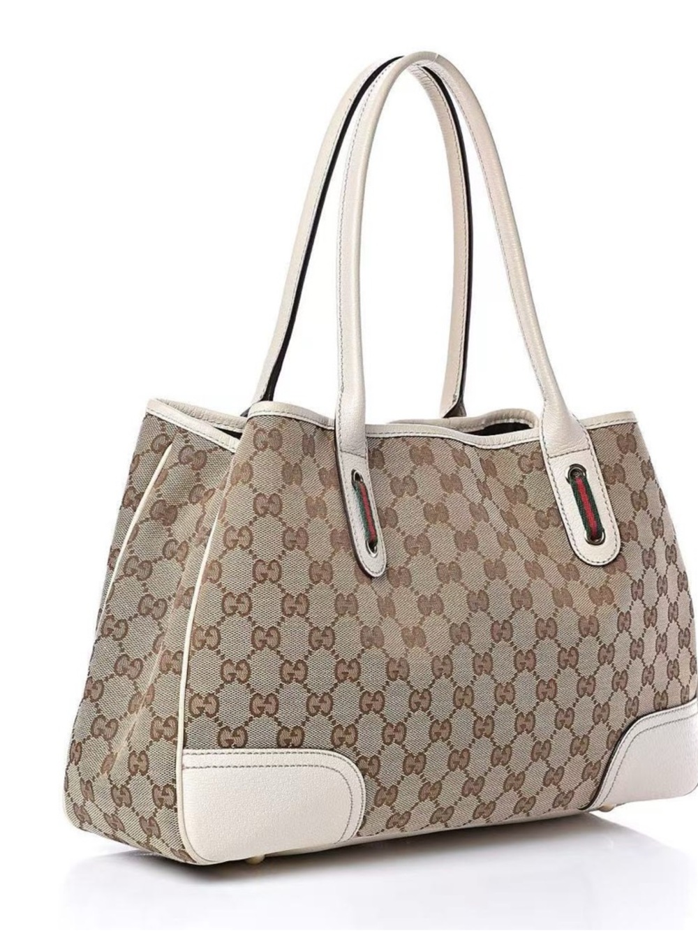 GUCCI GG Canvas Sherry Line Princy White Leather Tote Bag Shoulder Bag Authentic - Picture 5 of 14